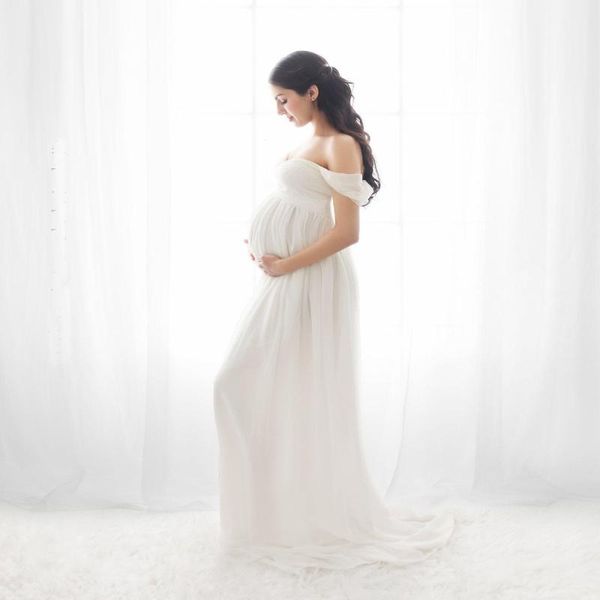 

maternity dresses pregnant dress pography props for shooting po pregnancy clothes cotton+chiffon off shoulder half circle gown, White