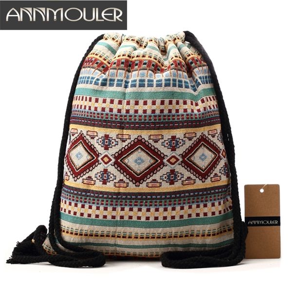 

annmouler women vintage backpack brand canvas shoulder bag bohemian style string bag travel storage organizer cotton tribal bag 210303