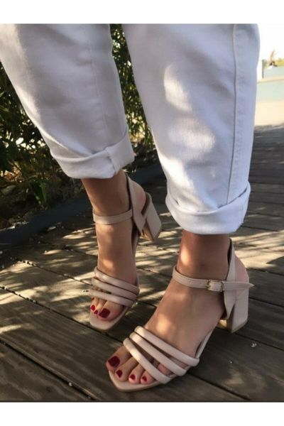 

sandals nude beige thick short heel casual, Black