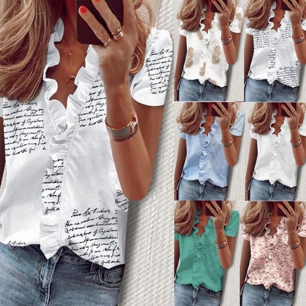 

2021 new elegante nova margarida abacaxi impresso plissado blusa camisas senhora do escritrio vero manga curta magro blusas femininas z, White
