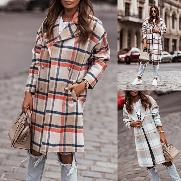 

women's wool & blends long overcoat plaid 2021 autumn winter fashion women elegant printed windbreaker for office lady casual turn-down, Black