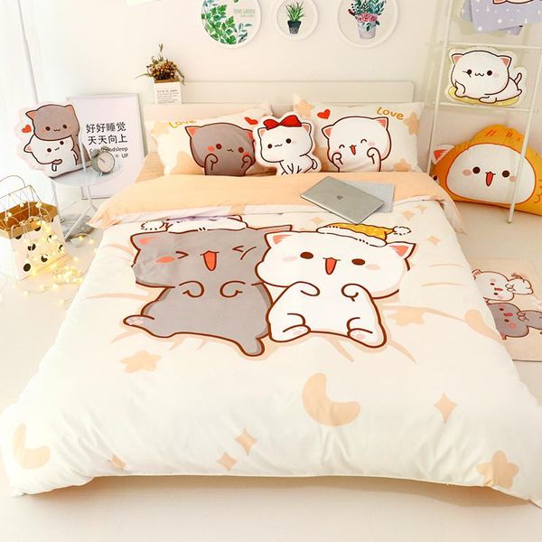 

bedding sets 4pcs set kawaii cat bed sheet cotton soft comforter cover twin full  size for girls sheets and pillowcases