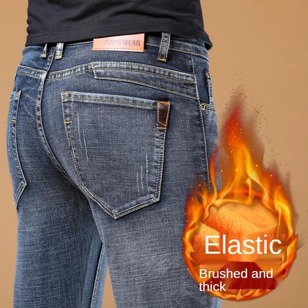 

men's jeans wthinlee men warm winter thicken fleece long trouser large size, Blue