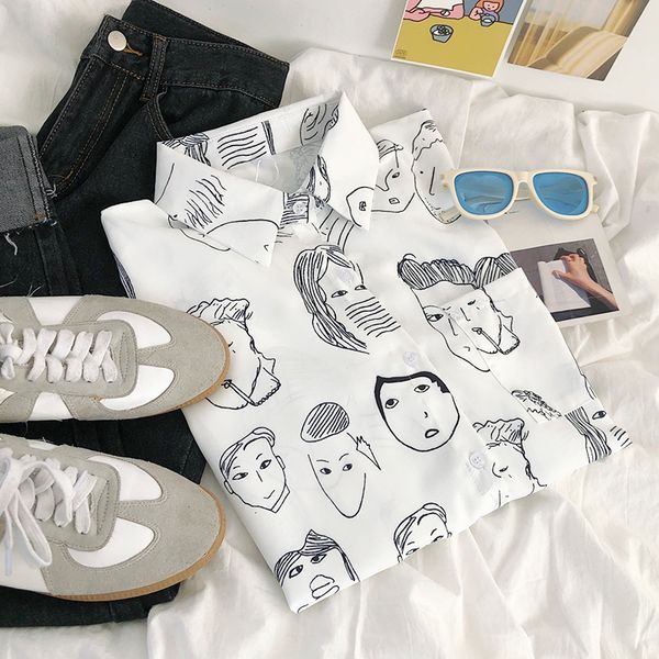 

2021 new mooirue funny summer women white shirts short sleeve charecter printed simple pen cartoon head printing loose thin shirt 3o2u