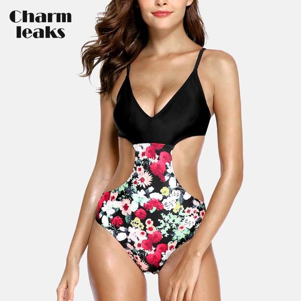 

charmleaks womens one piece hollow waist swimwear vintage floral print swimsuit bandaged bathing suit monokini