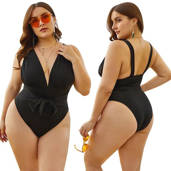 

women's swimwear plus size xxl-5xl one-piece women high waist bikini swimsuit deep v-neck bow backless black beach surfing bodysuit, White;black