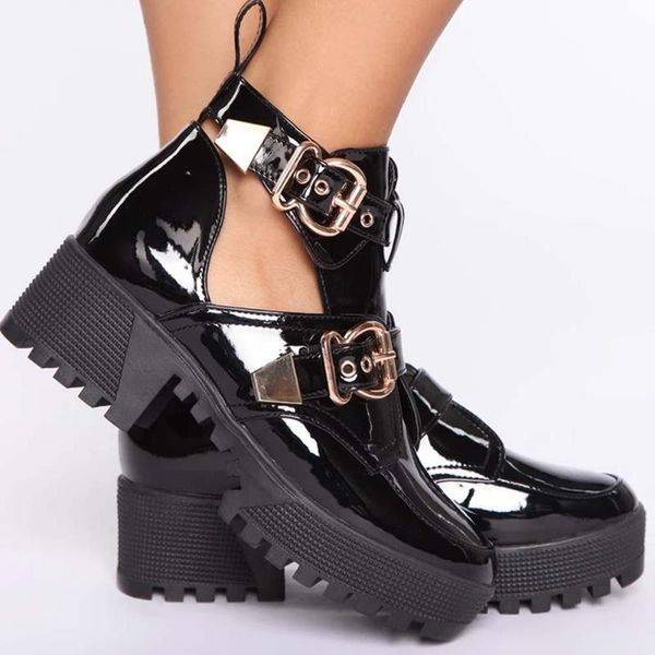 

boots female motorcycle square heels platform cool buckles brand design spring summer ankle shoes women, Black