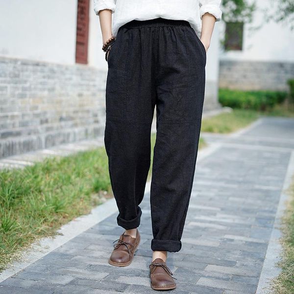 

women's pants & capris johnature autumn winter loose leisure all-match women harem 2021 simple comfortable cotton linen full length, Black;white