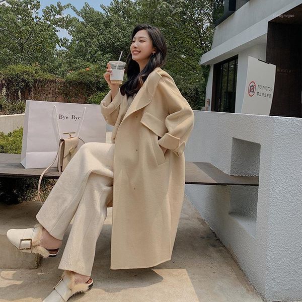 

high end women spring 2021 double sided handmade hooded long 100% wool coat overcoat loose plus size woolen jacket women's & blends, Black