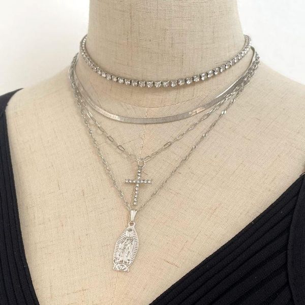 

chains retro multilayer crystal tennis chain cross pendant necklaces for women silver color metal mary portrait choker necklace jewelry