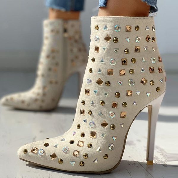 

boots 2021 spring women short diamond rhinestone rivet stiletto heel side zipper pointed toe suede shoes young lady office, Black