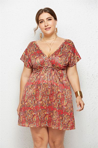 

women's plus size m-4xl plus size dresses deep v-neck elastic waist print dress holiday home wear large women's wear sale