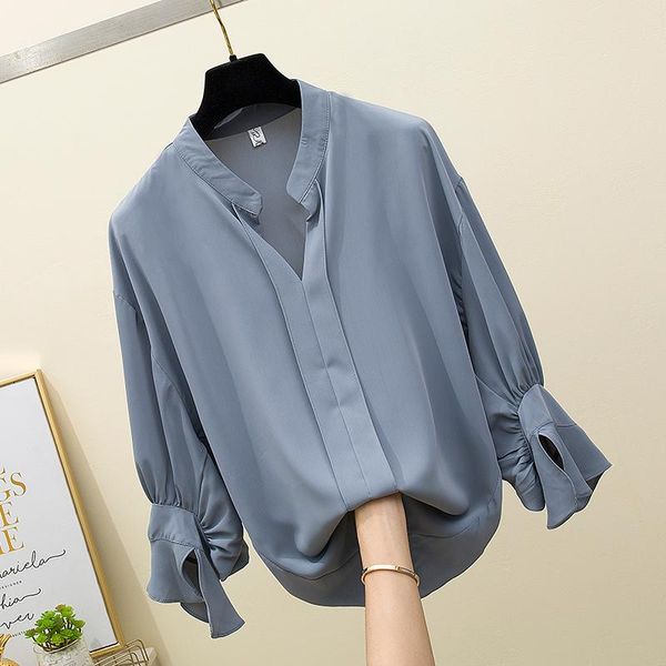 

women's blouses & shirts 2021 spring summer loose-fit chiffon shirt large size loose fashion solid color long sleeve v-neck blouse bai, White