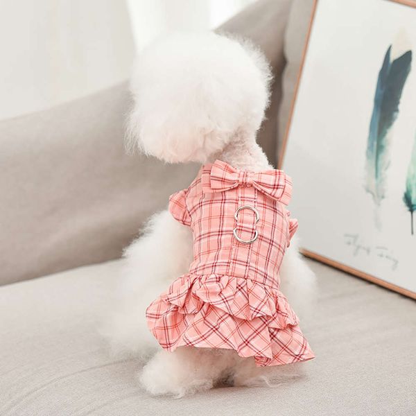

summer thin cotton pet korean plaid skirt with traction rope dog cloth