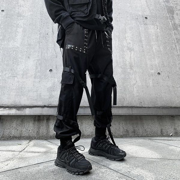 

men's pants men punk gothic rock joggers with leather rivets black color high street wear