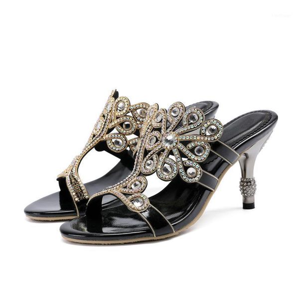 

slippers women's stilettos summer diamond-encrusted sandals flowers decorative large size 8cm high heel, Black