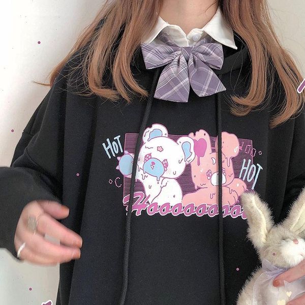 

hoodie harajuku funny rabbit print hoodies women aesthetic cute korean style autumn winter kawaii sweatshirt hoody female girls, Black