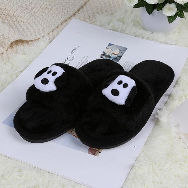 

slippers ginchasio women faux fur fluffy winter short plush animals dogs cartoon black color fuzzy cozy home furry