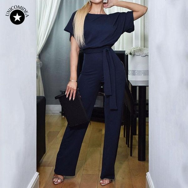 

women's jumpsuits & rompers women elegant jumpsuit high street wear summer o-neck short sleeve casual overalls wide leg romper with bel, Black;white