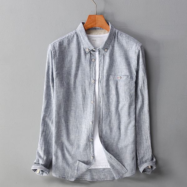 

2021 new italy style long sleeve linen and cotton men brand fashion blue shirt mens solid casual male shirts chemise camisa 0i9r, White;black