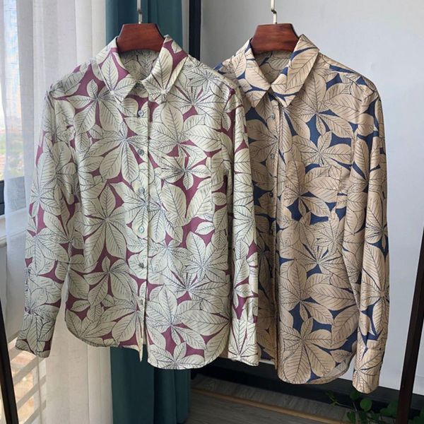 

2021 new blusa impresso folhas algodo e seda de manga longa feminina casual camisa 980d, Black