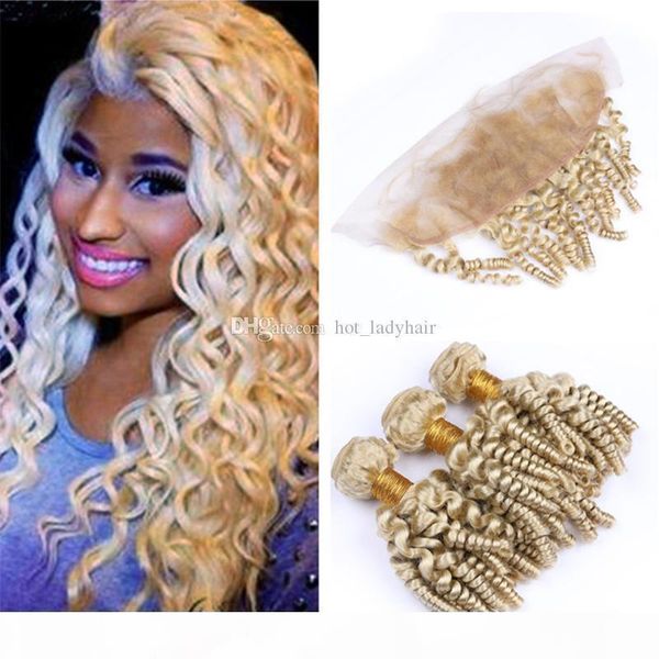 

613 blonde funmi curly hair frontal and bundles deals platinum blonde romance spiral curls human hair weaves with lace frontal closure, Black;brown