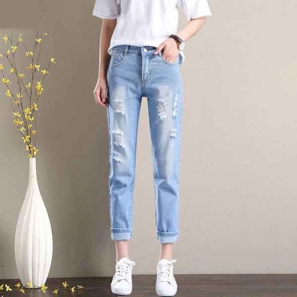 

women's jeans 2021 women solid vintage high waist broken holes denim trousers simple fashion harajuku womens loose casual pants, Blue