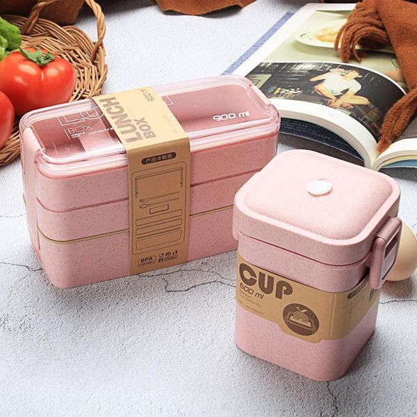 

dinnerware sets 900ml 3 layer wheat straw lunch box with soup cup and bag bento boxes microwave storage container