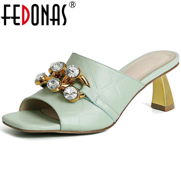 

sandals fedonas elegant women slippers rhinestone genuine leather high heels for summer party prom est shoes woman, Black