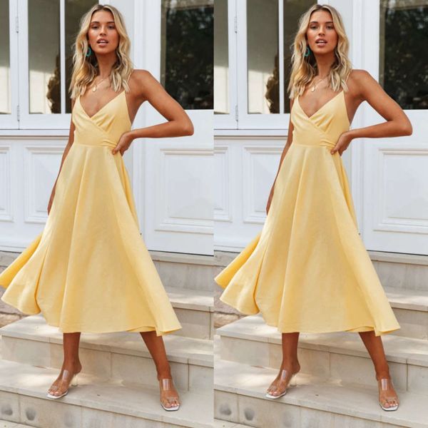 

2020 deep v personalized stitching suspender dress, Gray