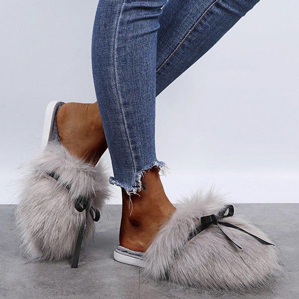 

slippers fashion women's furry famale bow tassel footwear 2021 autumn&winter home shoes ladies flat slipper indoor wear shoe, Black
