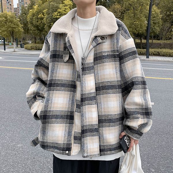 

styles mens winter jacket coat lambs wool cotton-padded thickening wool thermal couple lattice clothes loose popular classical, Black