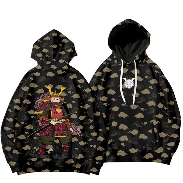 

men's hoodies & sweatshirts cartoon cat samurai printed autumn spring pullovers harajuku hoodie sweatshirt couple men women streetwear, Black