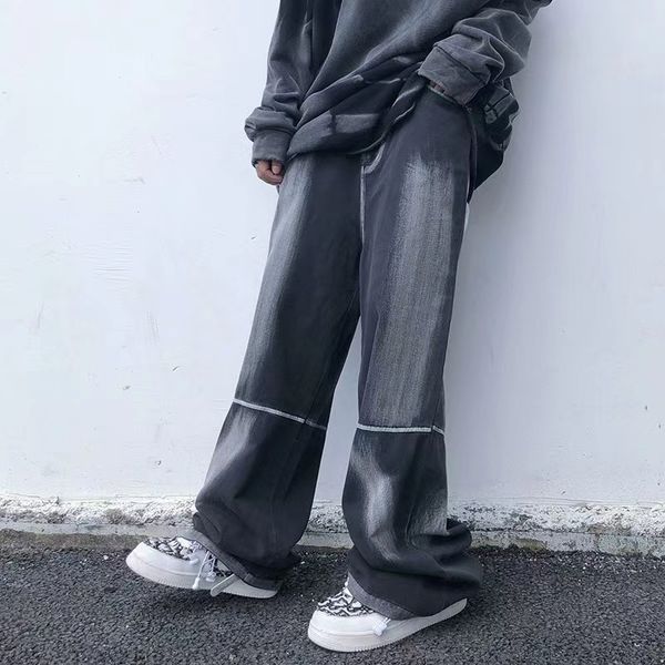 

2021 new alta rua retro lavado gradiente denim dos homens inverno harajuku zper em linha reta baggy casual jeans hip hop calas soltas 33q2, Blue