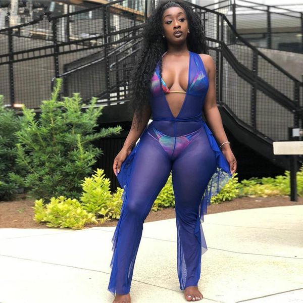 

women's jumpsuits & rompers 2021 women mesh see though dep v-neck sleeveless ruffles side jumpsuit bodycon club romper playsuit outfit, Black;white