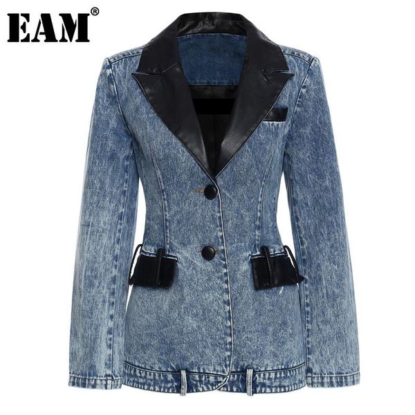 

women's suits & blazers [eam] women pu leather stitch denim blazer notched long sleeve loose fit jacket fashion tide spring autumn 2021, White;black