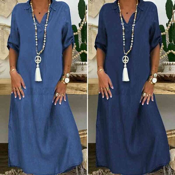

50% sales women half sleeve denim v-neck loose maxi dress streetwear for daily life, Black;gray