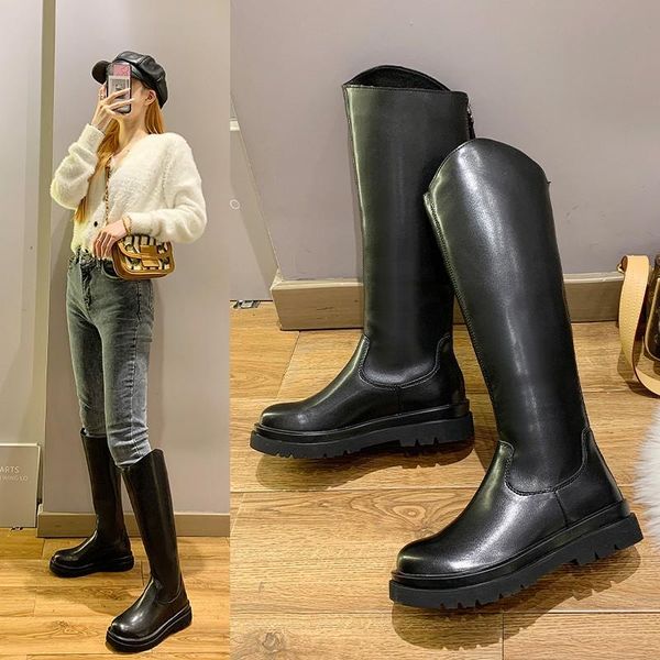 

boots winter high-tube womens pu black all-match casual plus velvet warm women's wear-resistant non-slip flat shoes
