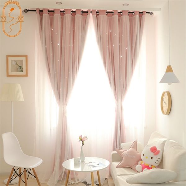 Coreano Duplo Rosa Princesa Cortinas Para Sala de Living Estrelas ocas Cortina de renda para pano de tule de cortina de sombra 210712