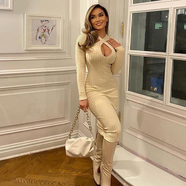 

casual dresses winter women's party large size solid color long sleeve round neck hollow slim 2021 lady bodycon dress, Black;gray