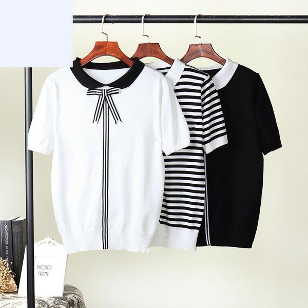 

women's t-shirt 2021 women knitted summer stripe t shirt bowtie preppy style student cute tee short sleeve tshirt female, White