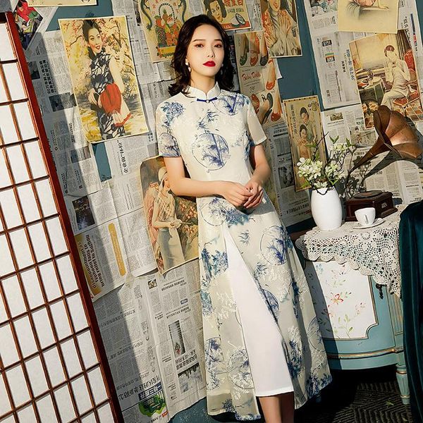 

ethnic clothing chinese for women summer cheongsam floral printing vintage style split fork elegant formal party dresses, Red