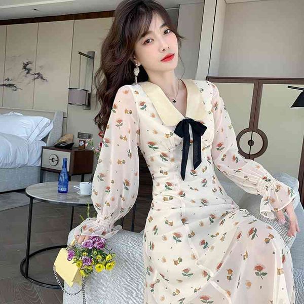 

french little fresh sweet chiffon print skirt spring new trumpet sleeve fashion baby collar dress, Black;gray