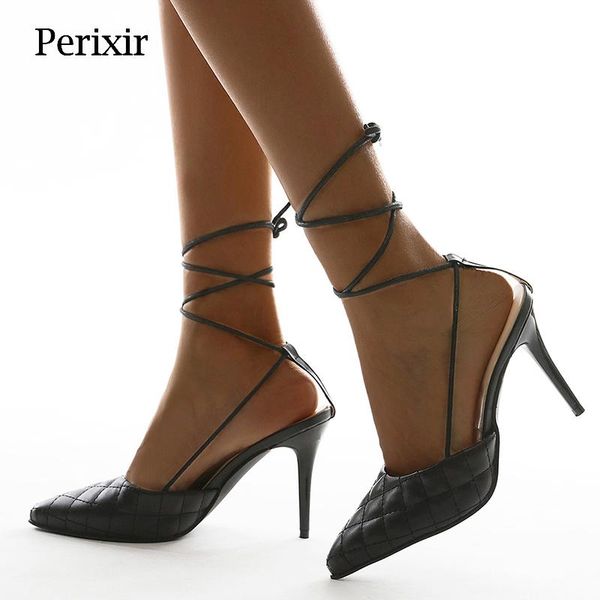 

sandals perixir women's high heels plaid fashion all-match ankle strap pointed toe classic shoes spring 2021 solid color, Black