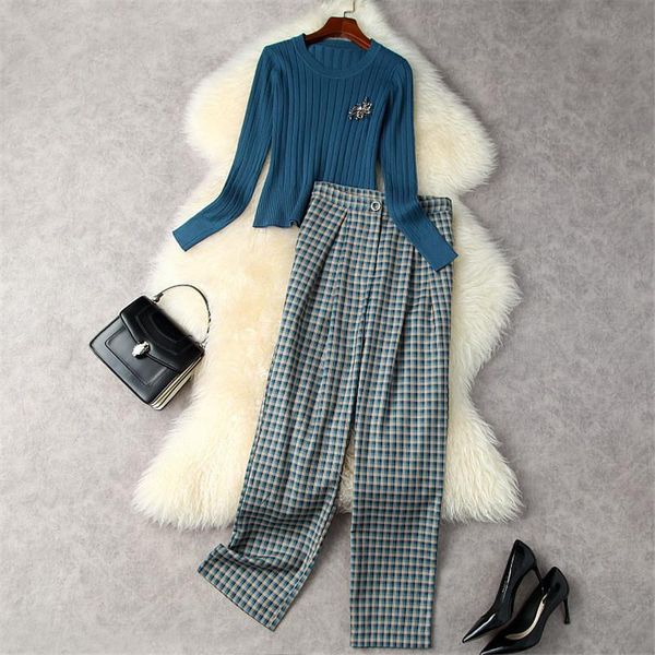 

women's two piece pants 2021 autumn women casual set brooch knitted pullovers sweater + vintage plaid suits matching sets ol work outfi, White
