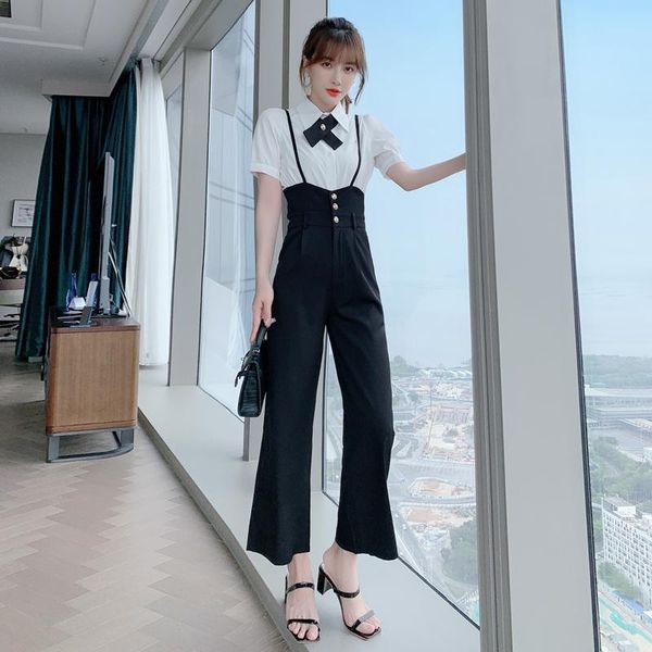 

women's polos 2021 summer women elegant overalls two piece set fashion short sleeve shirt blouse high waist black suspender trousers su, White