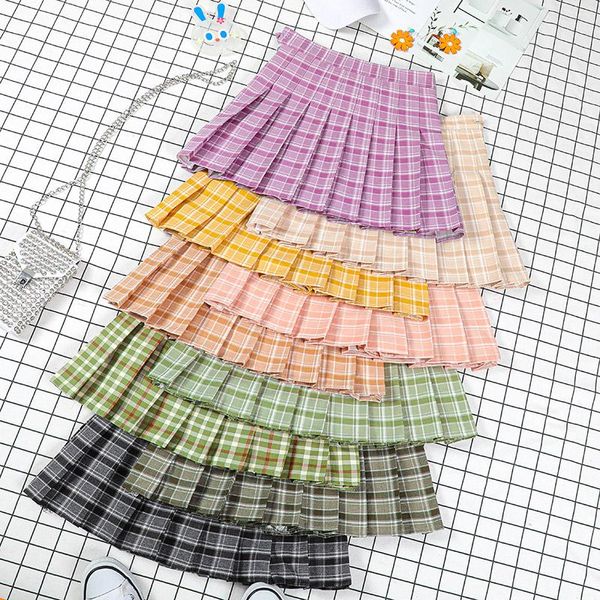 

women skirts high waist pleated plaid skirt female anime short skirts plisowana femme cute sweet girls mini skirt, Black