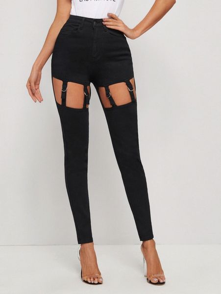 

highest waist cut out buckle skinny jeans x8vx#, Blue