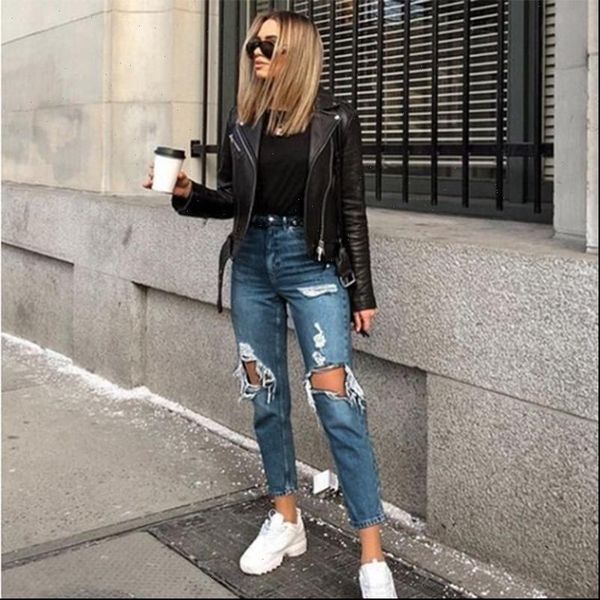 

hole ripped straight womens jean high waist boyfriend mom pants fashion streetwear asymmetric hollow denim trousers blue black