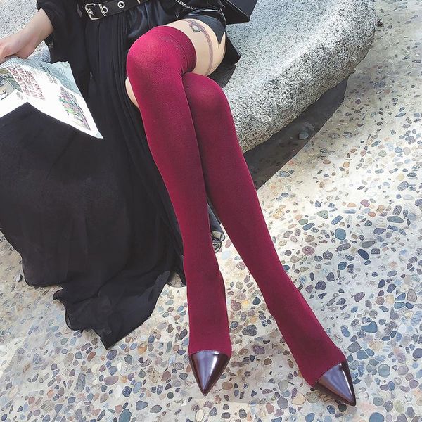 

boots patchwork pointed toe knitted fabric sock oblate  cm heels stretch thigh ladies slim fiit over the knee, Black